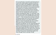 An alleged former female employee's testimonial that DogPack404 showcased in his latest video (Image via DogPack404/YouTube)